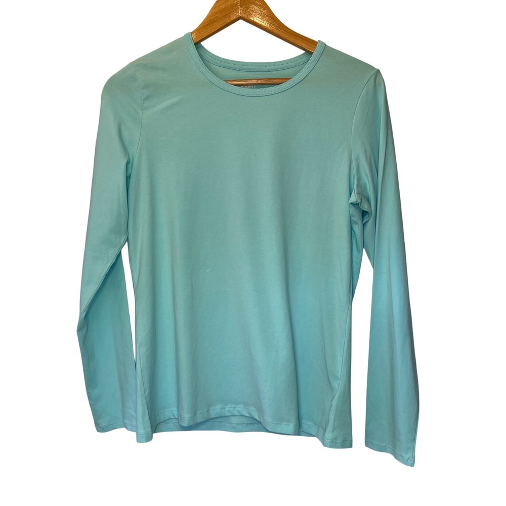 Lands End Womens Small‎ Aqua Blue Cotton Spandex Long Sleeve Crewneck Tee Shirt